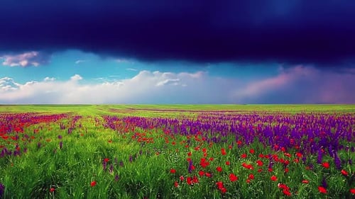 field of flowers and the cloudy sky