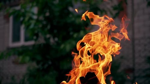 Flamme brillante de bois de chauffage brûlant à l'extérieur. Texture naturelle d'un feu vif