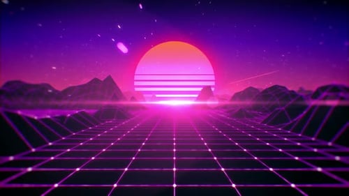 Retro Futuristic Synthwave Grid Landscape Animation with Glowing Sun