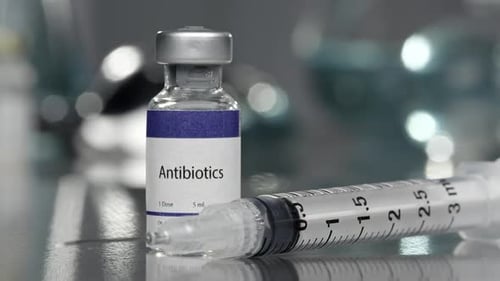 Vial de antibióticos con una jeringa colocada al lado