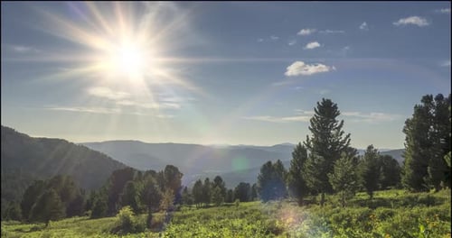 Mountain Meadow Timelapse. Wild Nature and Rural Field. Clouds, Trees, Green Grass and Sun Rays