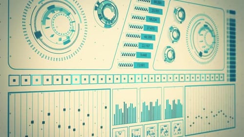 Advanced futuristic graphic interface. Sisplays abstract diagrams and charts.