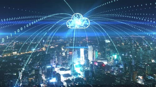 intelligente Skyline der vernetzten Stadt. Futuristisches Netzwerkkonzept, City Technology.