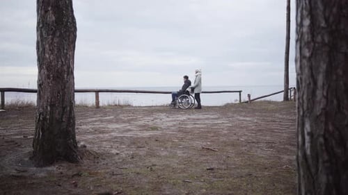 Camera Approaching To Disabled Young Man Sitting in Wheelchair and Adult Invalid Tender or Mother
