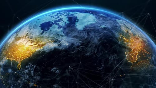 Animated Global Digital Network Over Rotating Earth with City Lights