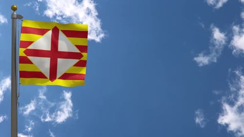 Waving Flag with Red Cross and Stripes Against Blue Sky