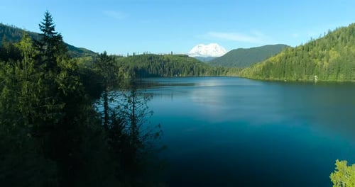 Flying Toward Mount Rainier Washington Lake View Aerial