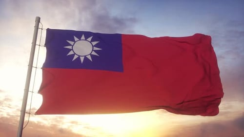Flag of Taiwan Waving Against Sunset Sky