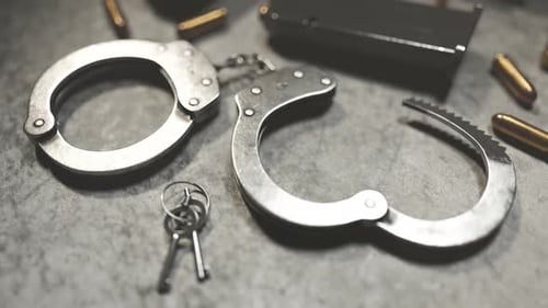 Handcuffs with lock keys and magazine of a pistol. Camera focuses on keys. 4KHD