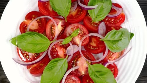 Delicious Tomato and Basil Salad Close Up