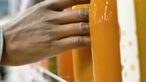 Hand Takes Bottle of Juice from Shelf