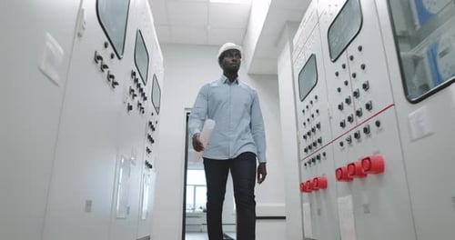 Portrait d'un ingénieur portant un casque de sécurité devant le plan de production entre les mains