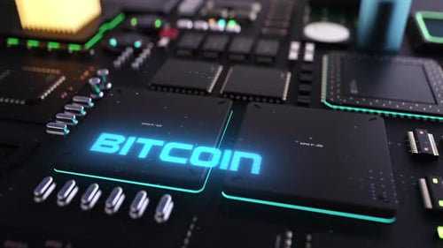Bitcoin-Header auf dem Hintergrund von Mikroprozessoren auf einer Leiterplatte.