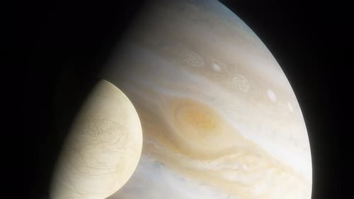 Eismond Europa auf dem Hintergrund des großen Gasplaneten Jupiter
