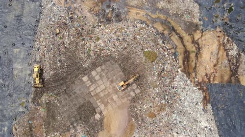 Aerial Top View Video of a Solid Waste Landfill. City Waste Treatment Location. Environmental