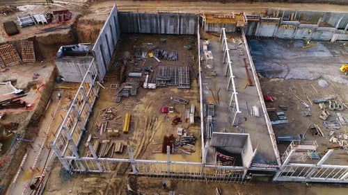 Aerial view of a new house building on a construction site