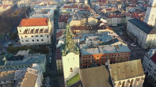 Aerial Video of Saint Maria Church in Central Part of Old City of Lviv, Ukraine