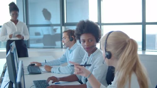 Female Mentor Call Center Operators Headsets