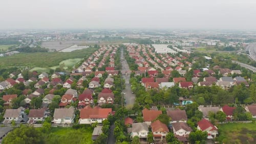 Aerial view of residential neighborhood. Urban housing development from above