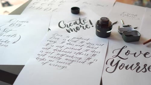 Close Up of Calligraphy with Ink and Pen