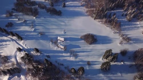 Vista aérea del paisaje nevado de invierno con prados, árboles y cabañas
