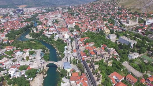 Aerial view of Mostar city on river Neretva in Bosnia