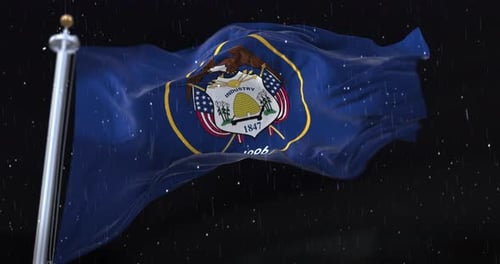 Animated Utah State Flag Waving In Rain