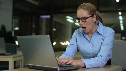 Exhausted Businesswoman Yawning, Working Night Shift in Office, Overwork Concept