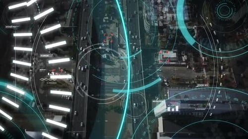 5G written in the middle of a futuristic circles and a highway with cars