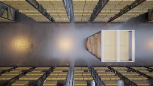 Warehouse industry autonomic robots carrying metal shelves with cardboard boxes.