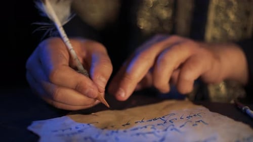 Hands Writing on Aged Parchment with Quill