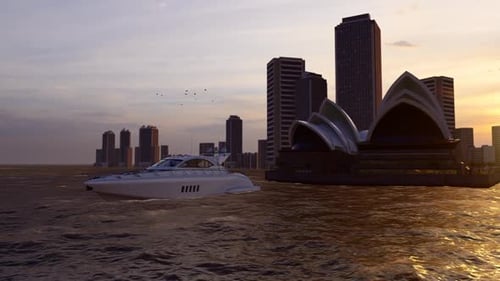 Luxury Yacht Cruises Past City Skyline at Golden Sunset