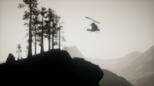 Hélicoptère volant au Ralenti extrême près d'une forêt de montagne