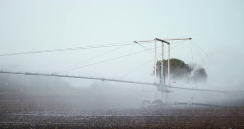 Center Pivot Irrigation System Sprinkling Water on Crops