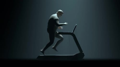 A man with overweight is running on the treadmill. fat burning obsession.