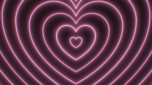 Beautiful Pink Heart Outline Shapes Neon Glowing Moving Fast Tunnel
