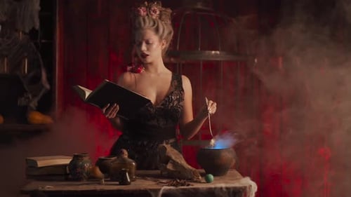 Woman Stirring Cauldron with Glowing Potion and Book