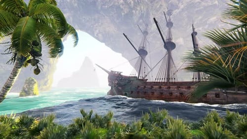Animated Pirate Ship Anchored in a Secluded Tropical Bay