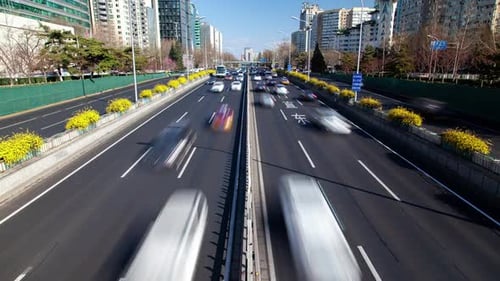 Beijing Road By Chinese Buildings Under Blue Sky Timelapse