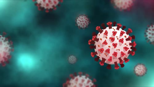 Coronavirus or COVID-19 particles in dark green microscopic background with copy space