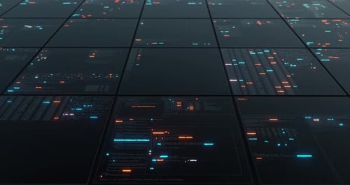 Futuristic Digital Grid with Flowing Code Animation