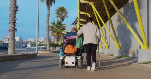 Disabled Couple Walk together.She with a Wand Goes Next To Him He Is in a Wheelchair.