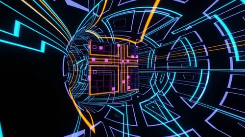 Animación en bucle VJ de un cubo brillante volando a través de un túnel de ciencia ficción sin fin 02