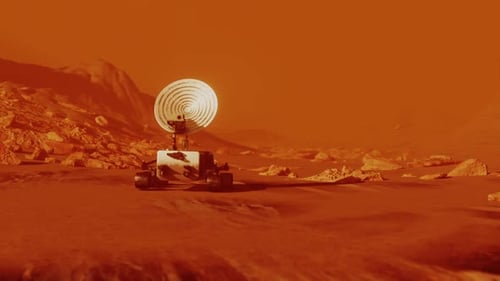 Mars Rover Exploring Red Planet Landscape with Rotating Radar Dish