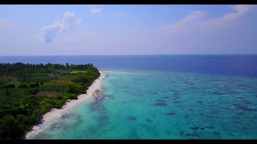 Aerial drone view landscape of idyllic shore beach trip by aqua blue lagoon and white sand backgroun