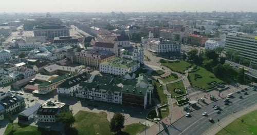 Nemiga Street in Minsk City Belarus Aerial Center Cityscape Old Town Panorama Buildings and Church