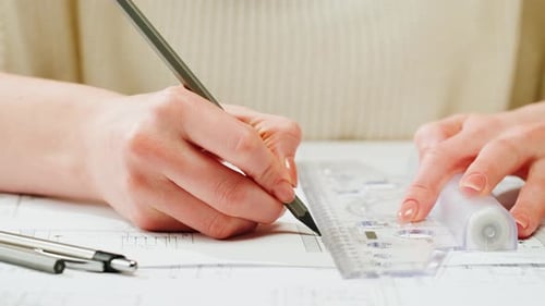 Architect Designer Drawing Plan Blueprint Closeup