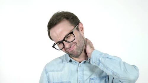 Man Rubbing Neck in Pain on White Background