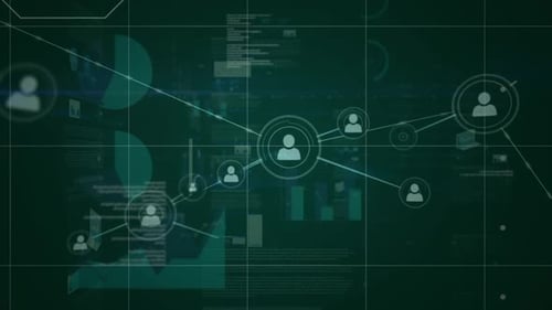 People icons, connecting lines and data in white moving on green background