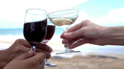 Friends Celebrate With Wine on the Beach